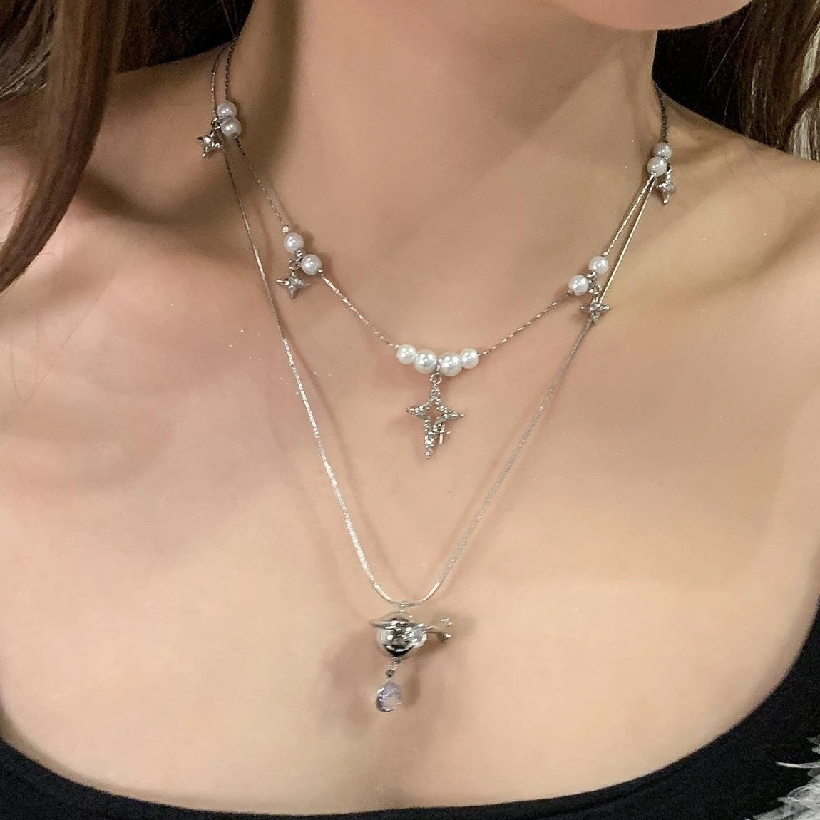 Accessories Layered Pearl Saturn Pendant Necklace