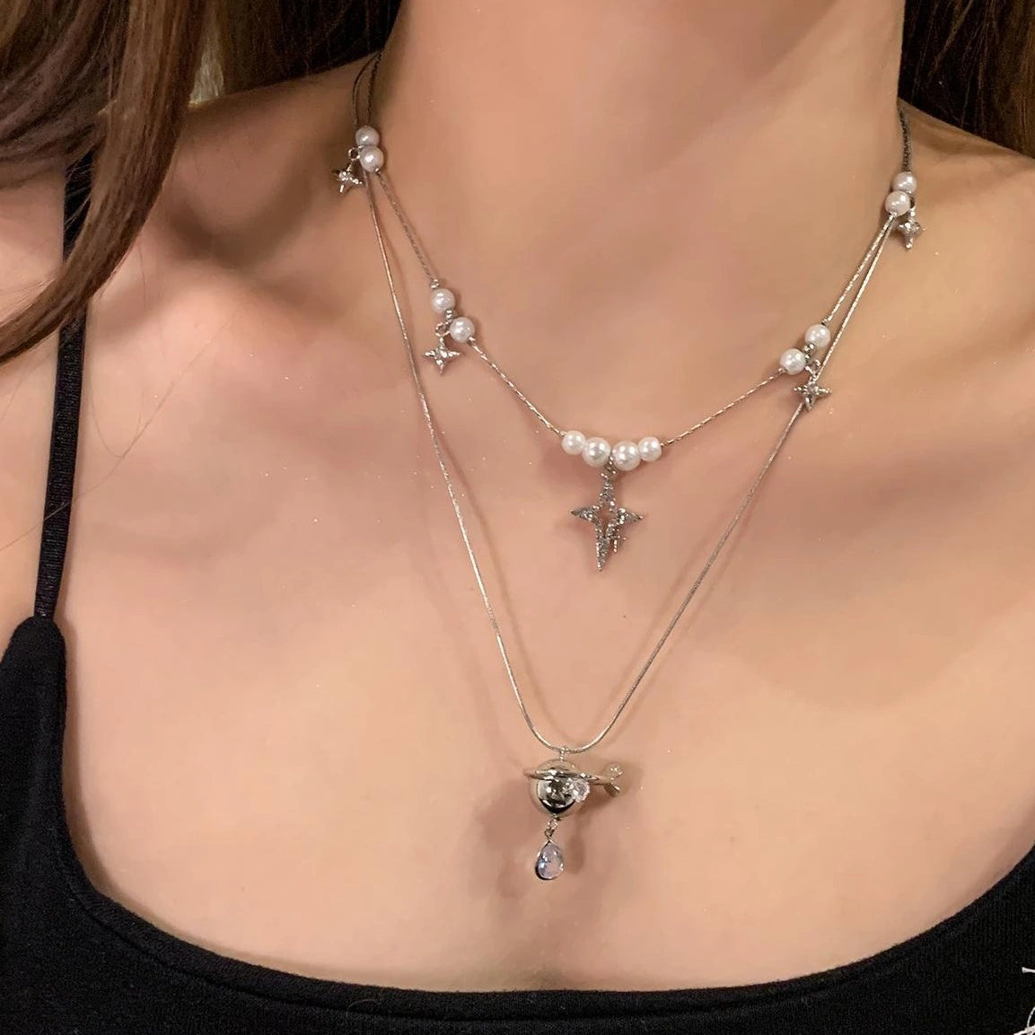 Accessories Layered Pearl Saturn Pendant Necklace