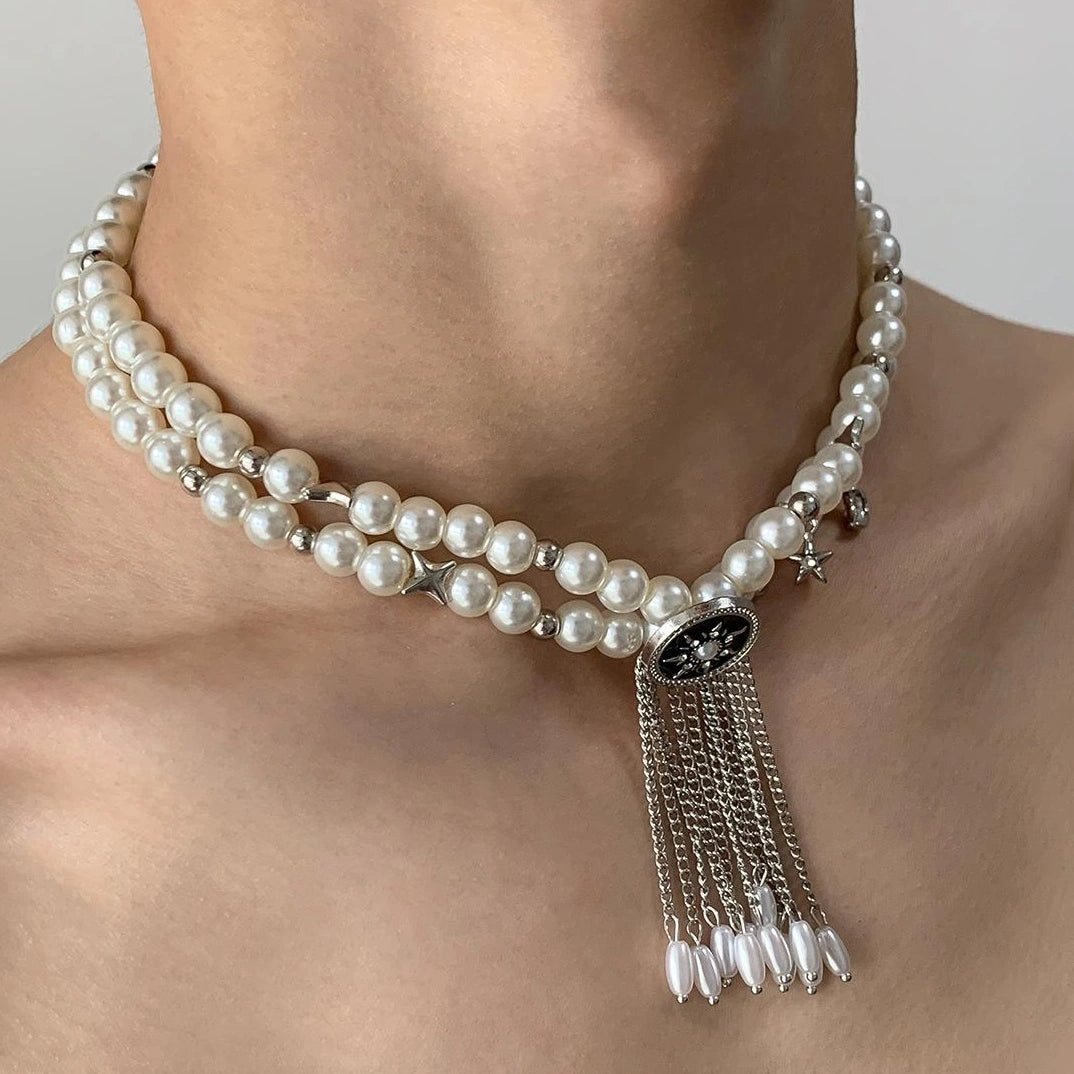 Accessories Layered Pearl Tassel Pendant Choker