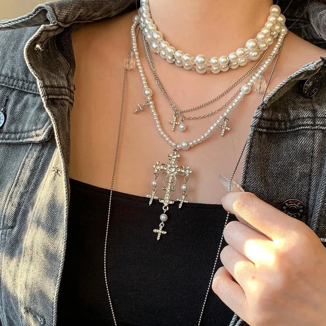Accessories Layered Tassel Cross Pearl Choker