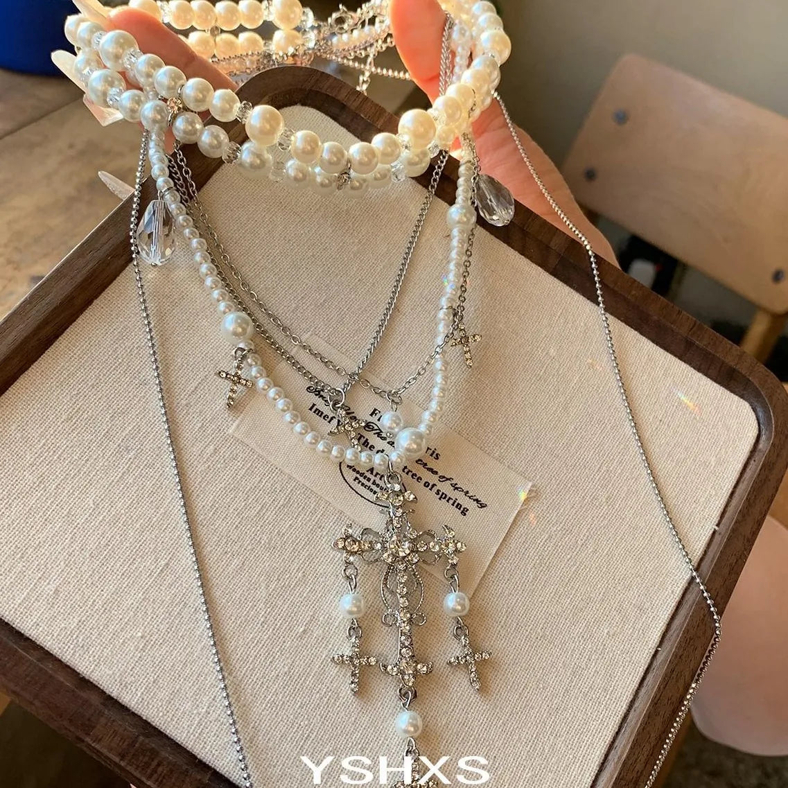 Accessories Layered Tassel Cross Pearl Choker