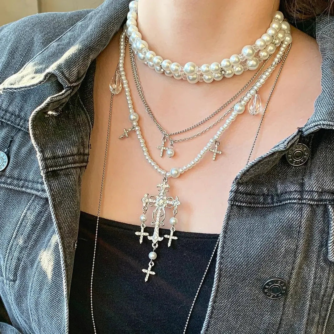 Accessories Layered Tassel Cross Pearl Choker