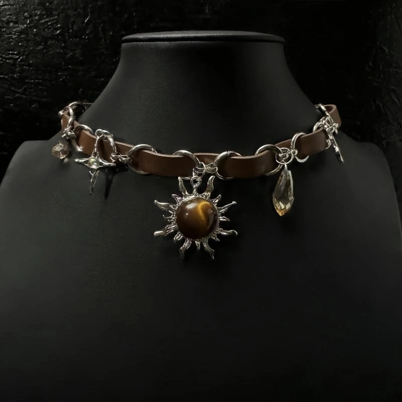 Accessories Leather Choker Necklace With Sun Pendant