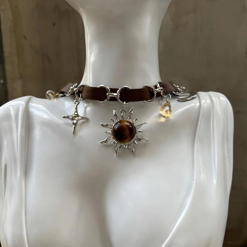 Accessories Leather Choker Necklace With Sun Pendant