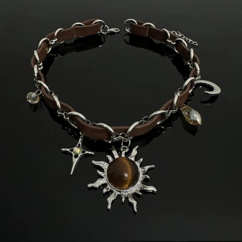 Accessories Leather Choker Necklace With Sun Pendant