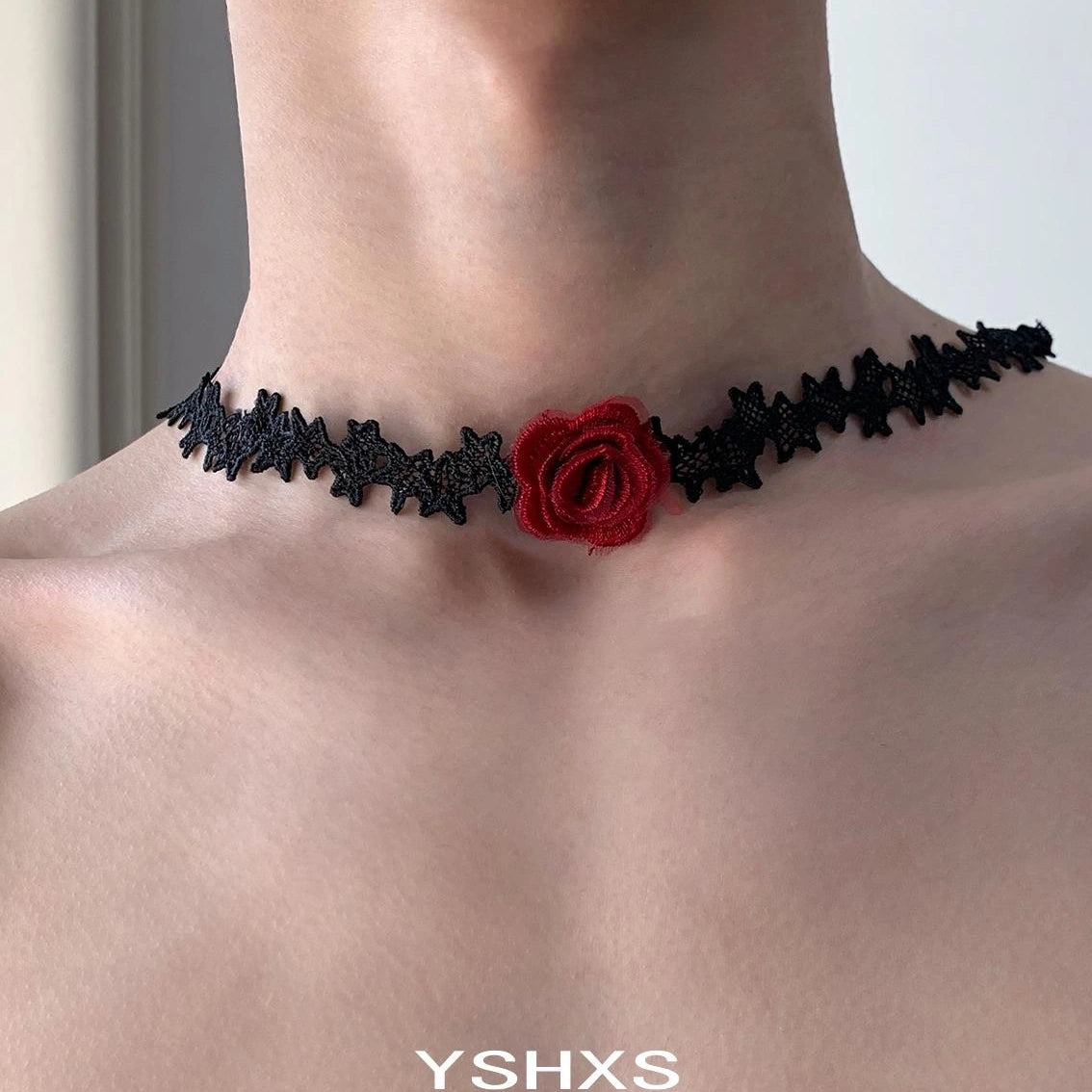 Accessories Long Black Lace Red Rose Tie Choker