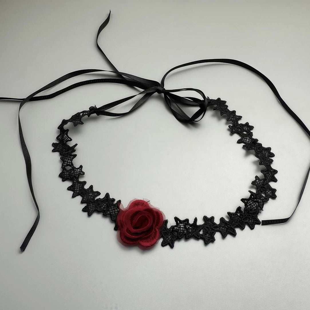 Accessories Long Black Lace Red Rose Tie Choker