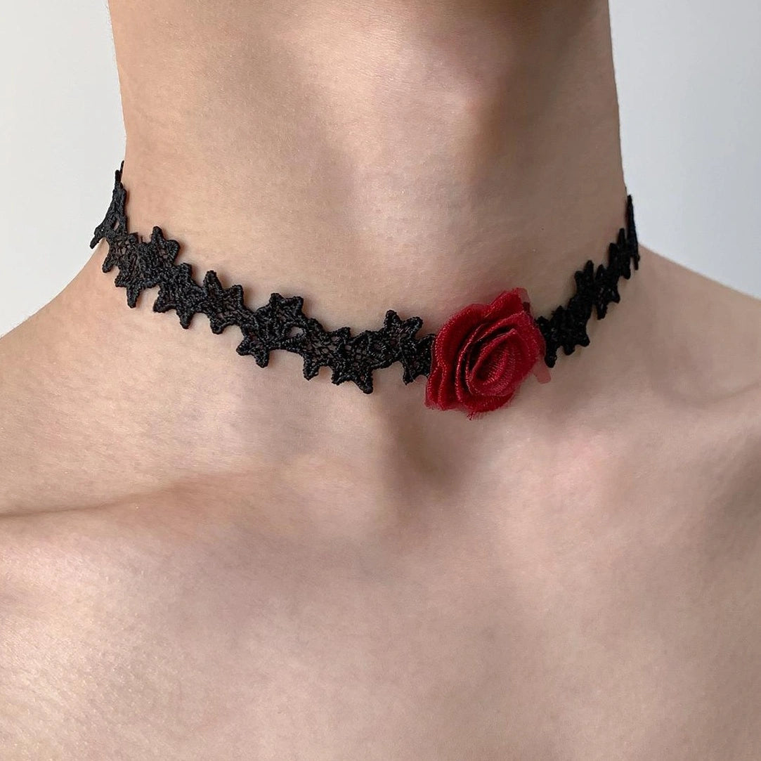 Accessories Long Black Lace Red Rose Tie Choker