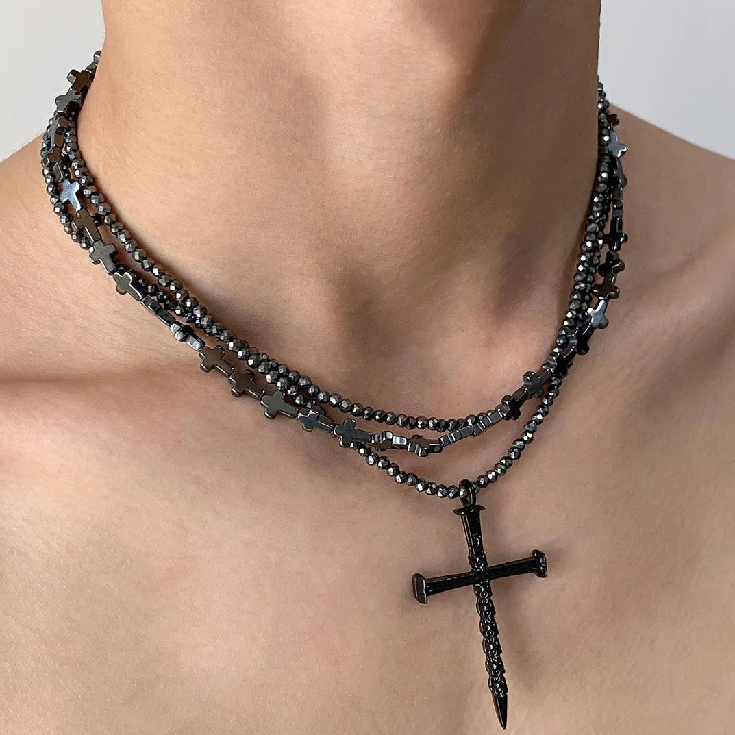 Accessories Multi Layer Black Obsidian Gothic Cross Choker Necklace