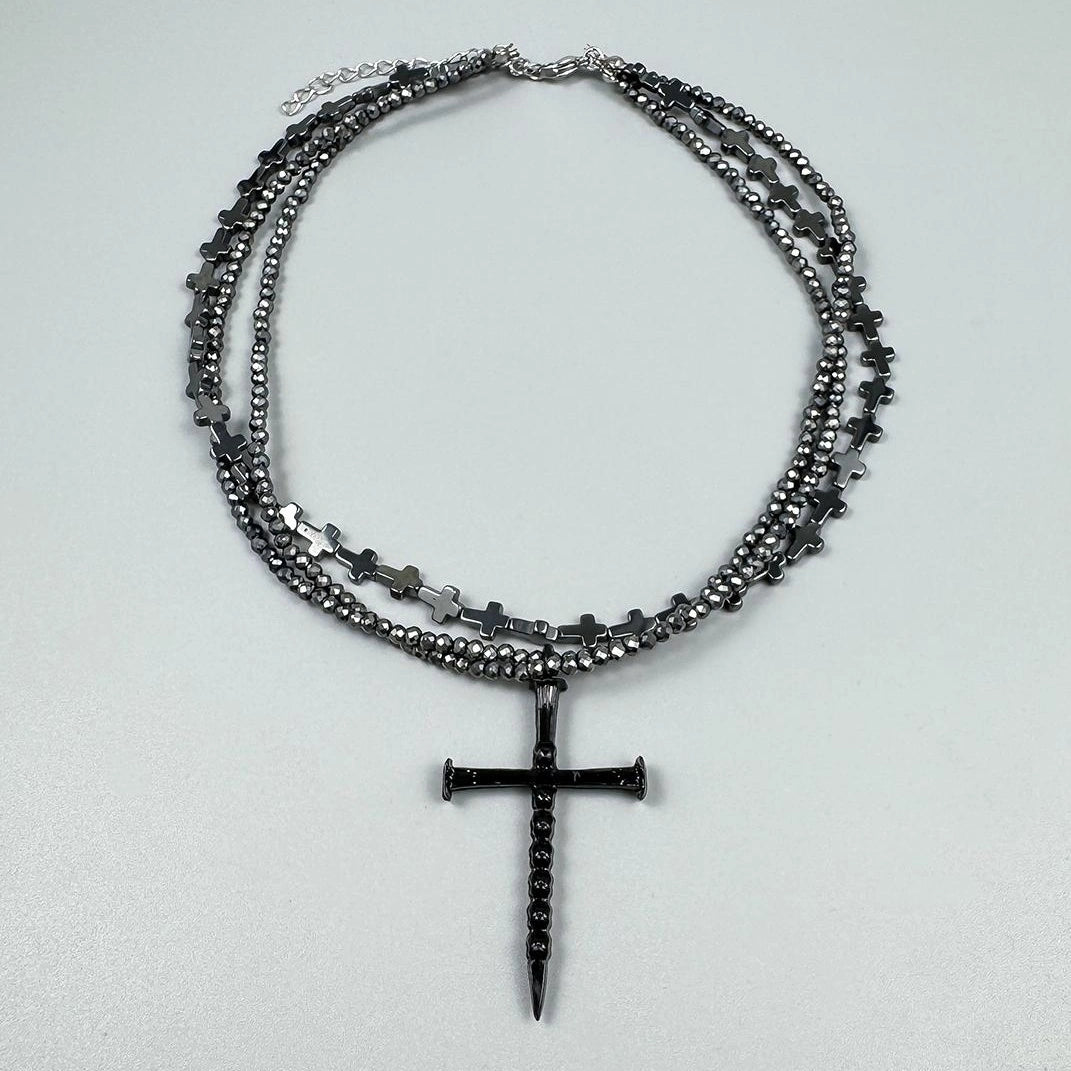 Accessories Multi Layer Black Obsidian Gothic Cross Choker Necklace