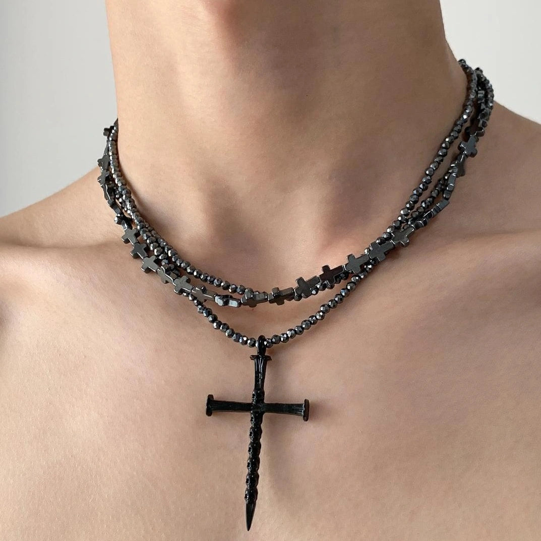 Accessories Multi Layer Black Obsidian Gothic Cross Choker Necklace