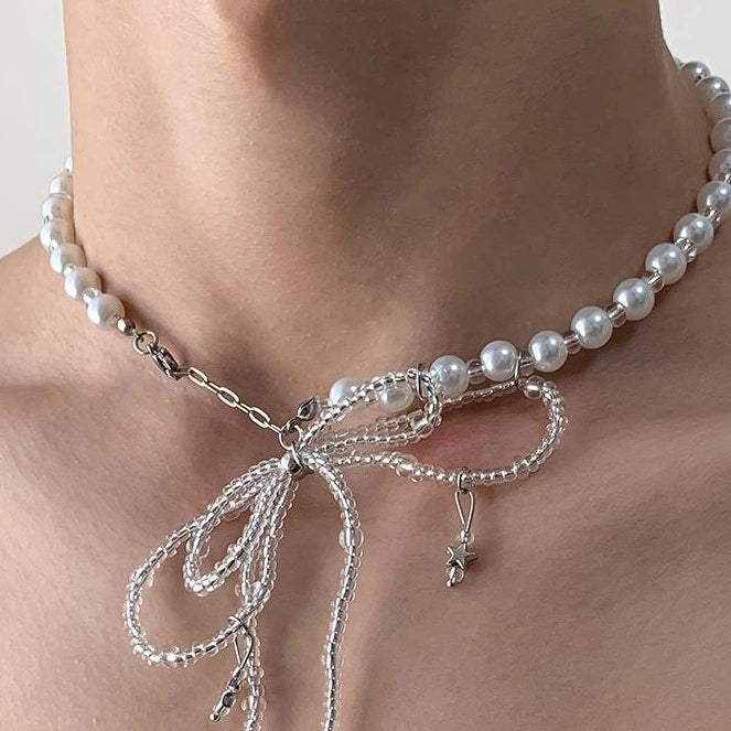 Accessories Pearl Bow Dangle Tassel Necklace