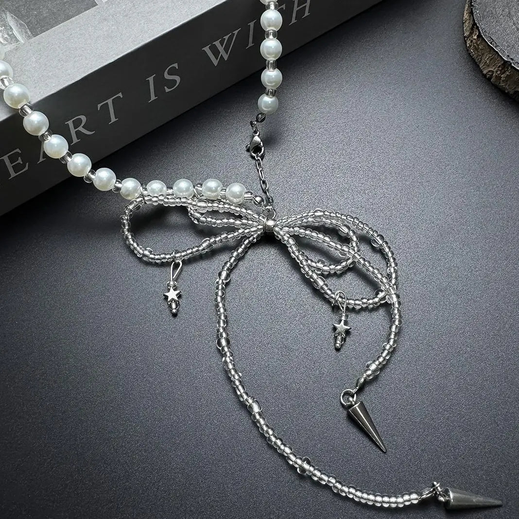 Accessories Pearl Bow Dangle Tassel Necklace