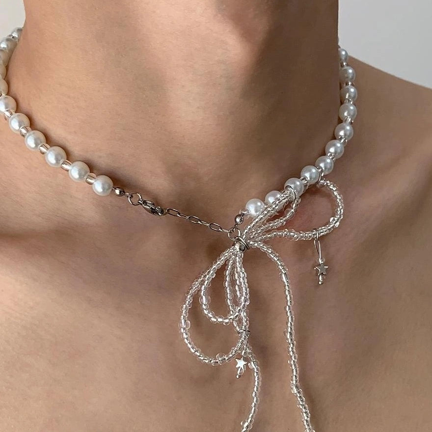 Accessories Pearl Bow Dangle Tassel Necklace