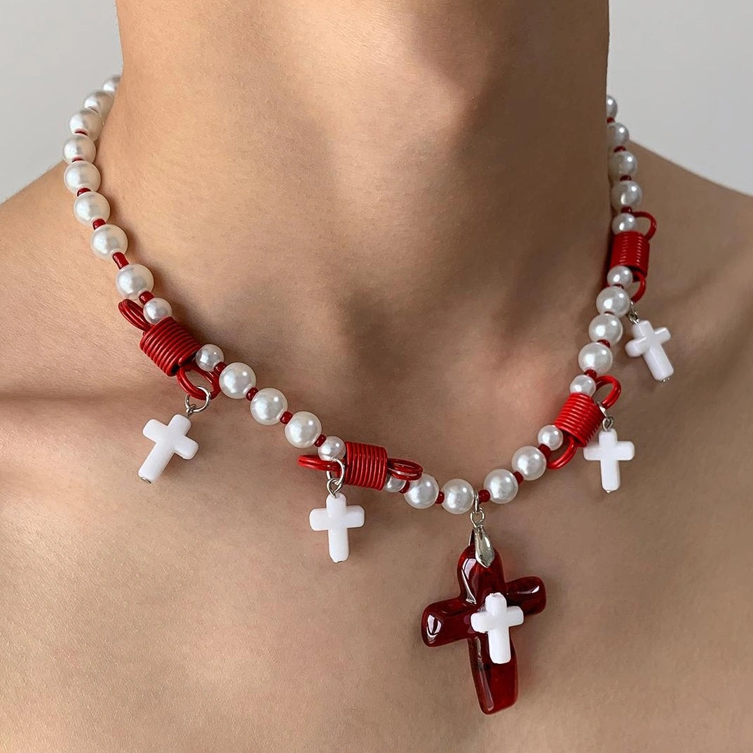 Accessories Pearl Cross Pendant Choker Necklace