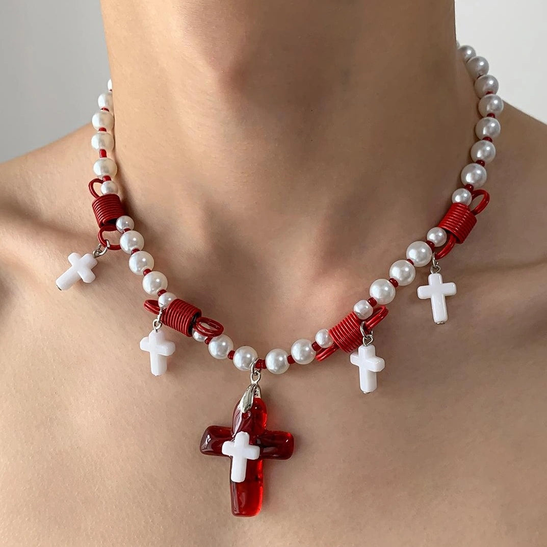 Accessories Pearl Cross Pendant Choker Necklace