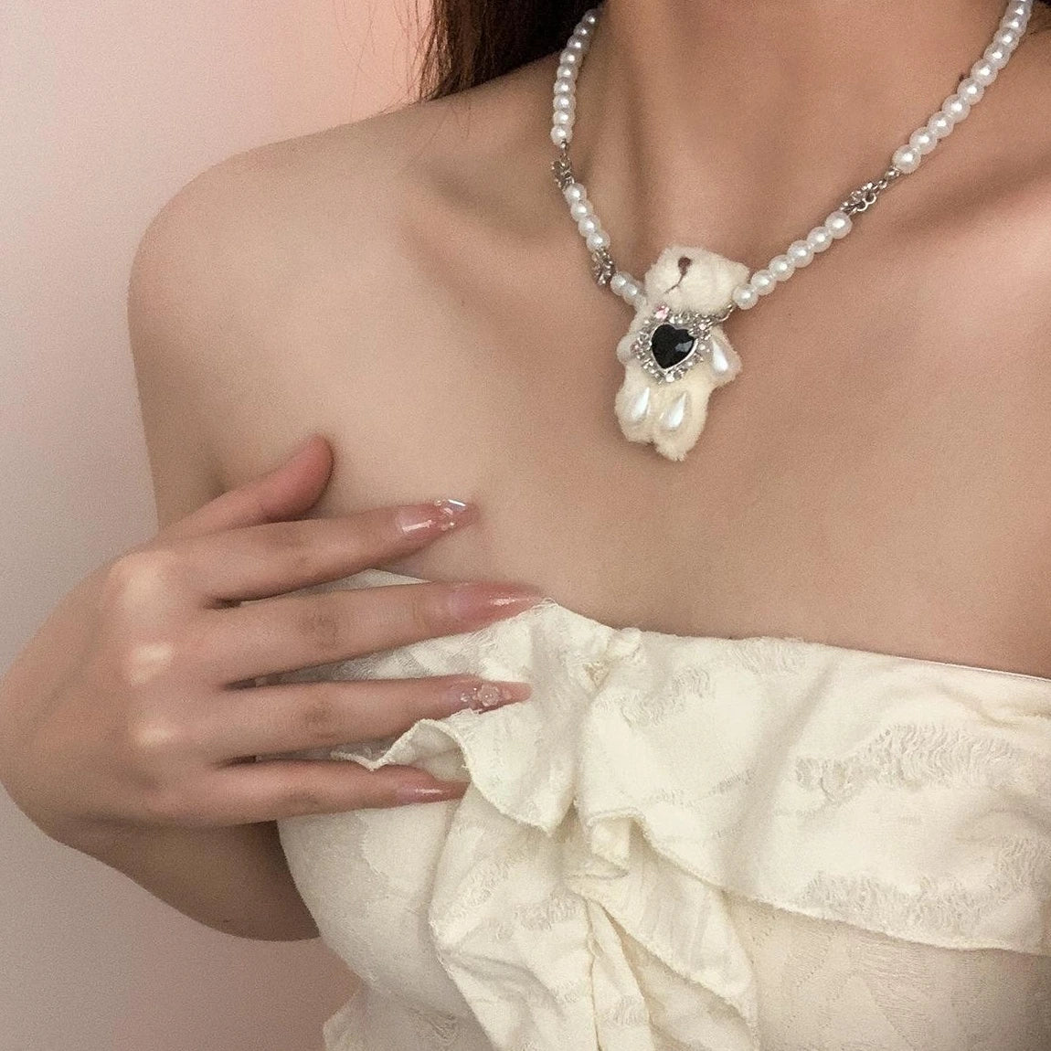 Accessories Pearl String Teddy Bear Choker Necklace