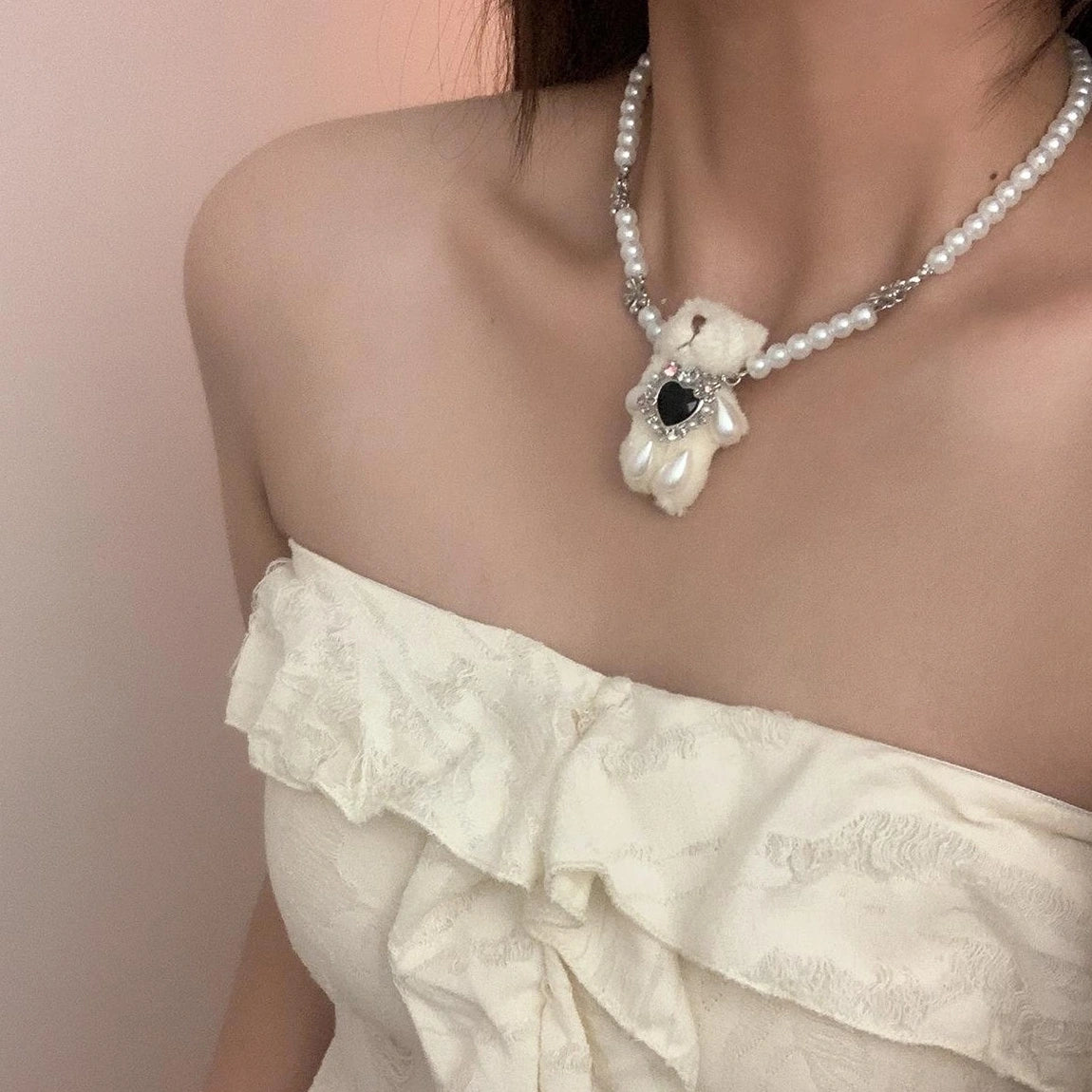 Accessories Pearl String Teddy Bear Choker Necklace
