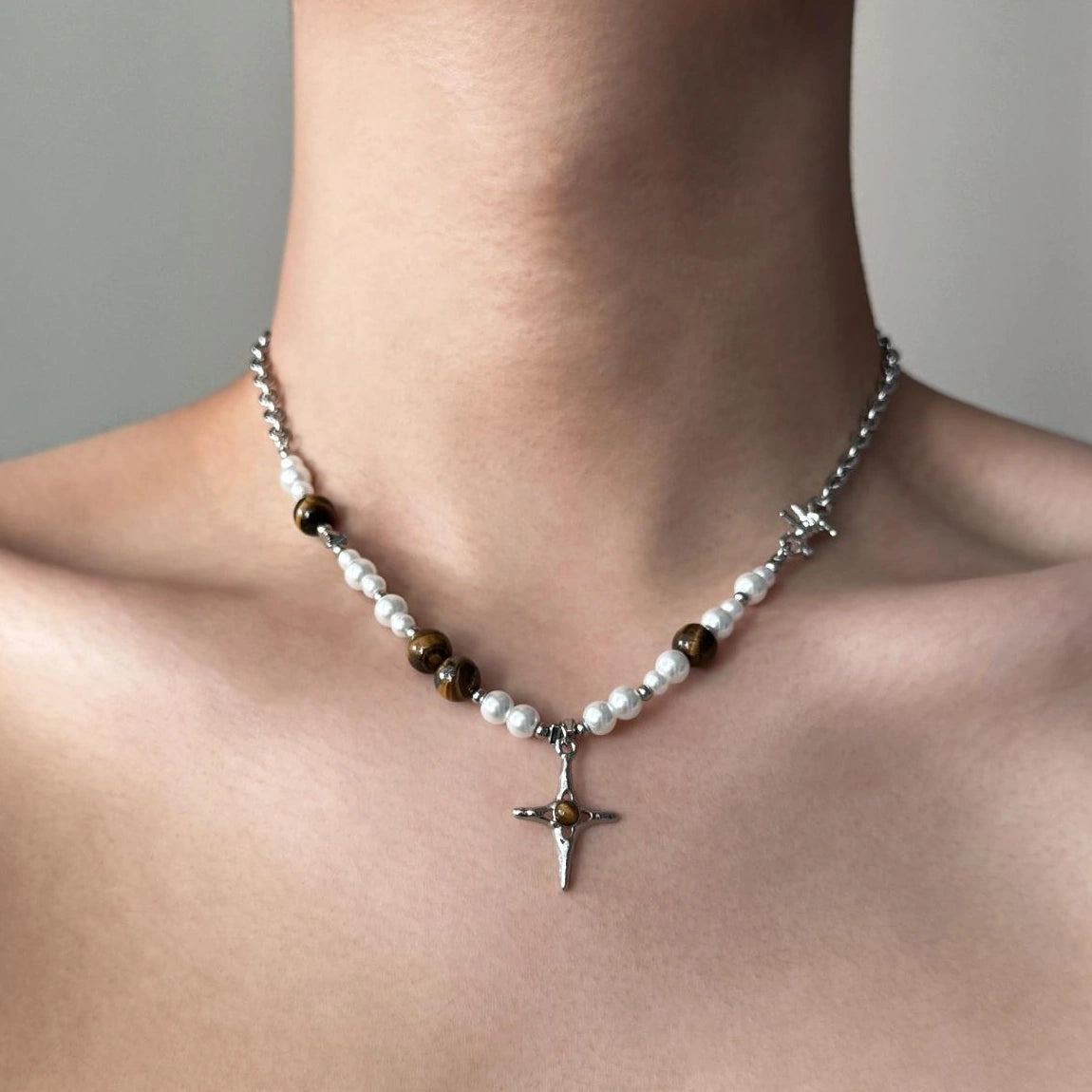 Accessories Pearl & Cat S Eye Cross Pendant Choker Necklace
