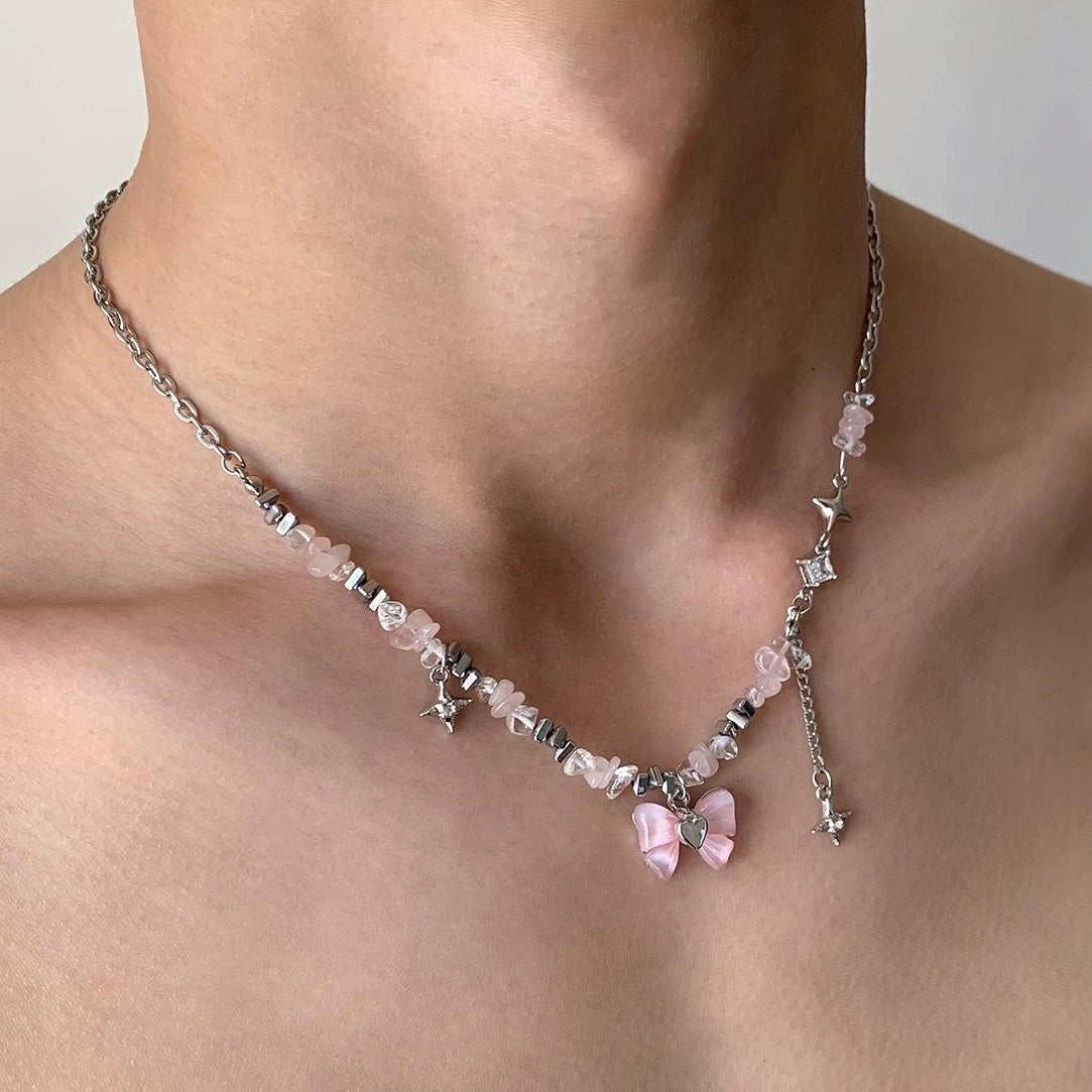 Accessories Pink Bow Fringe Beaded Choker Necklace