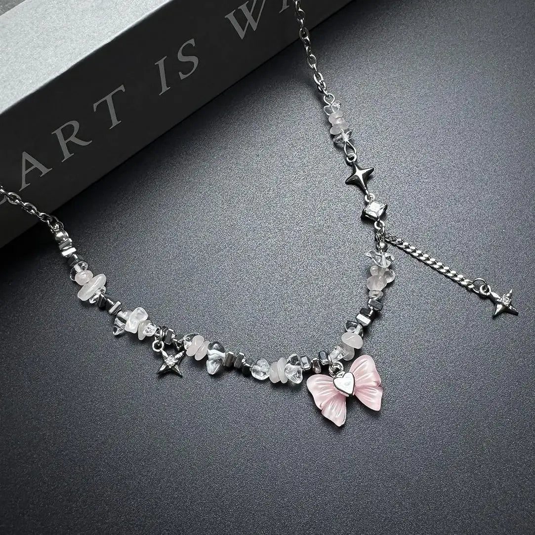 Accessories Pink Bow Fringe Beaded Choker Necklace