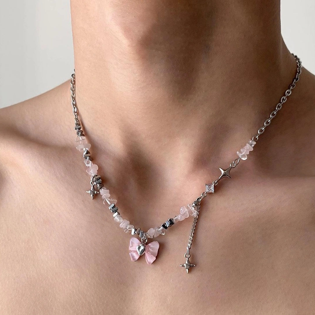 Accessories Pink Bow Fringe Beaded Choker Necklace