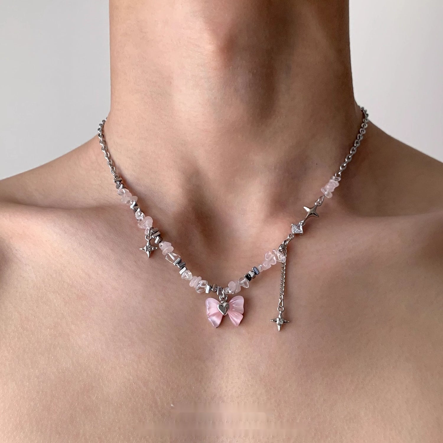 Accessories_Pink_Bow_Fringe_Beaded_Choker_Necklace_MISSTT
