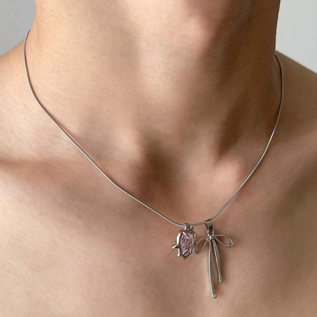 Accessories Pink Bow Heart Pendant Necklace