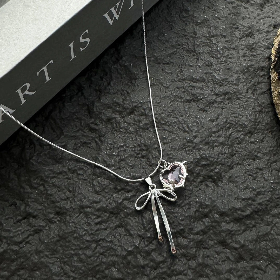 Accessories Pink Bow Heart Pendant Necklace