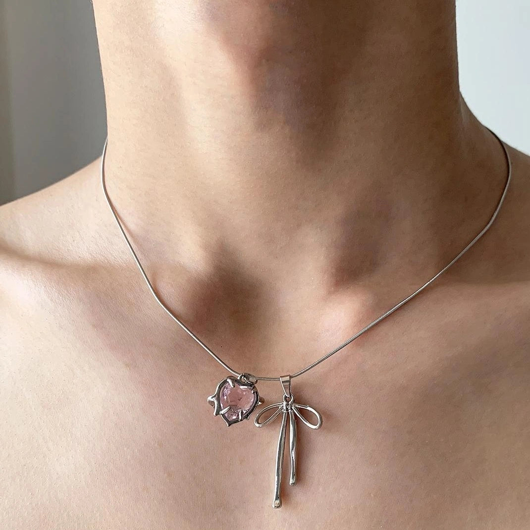 Accessories Pink Bow Heart Pendant Necklace