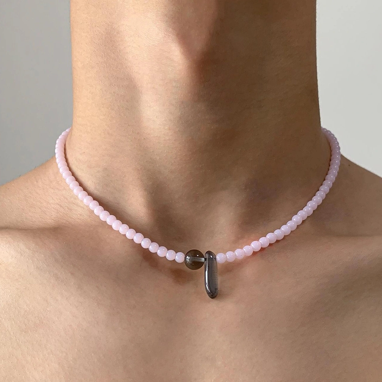 Accessories Pink Crystal Beaded Necklace With Stone Pendant