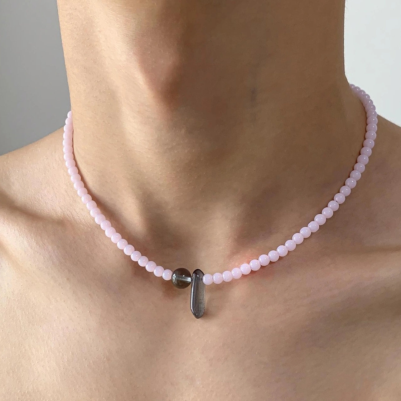 Accessories Pink Crystal Beaded Necklace With Stone Pendant