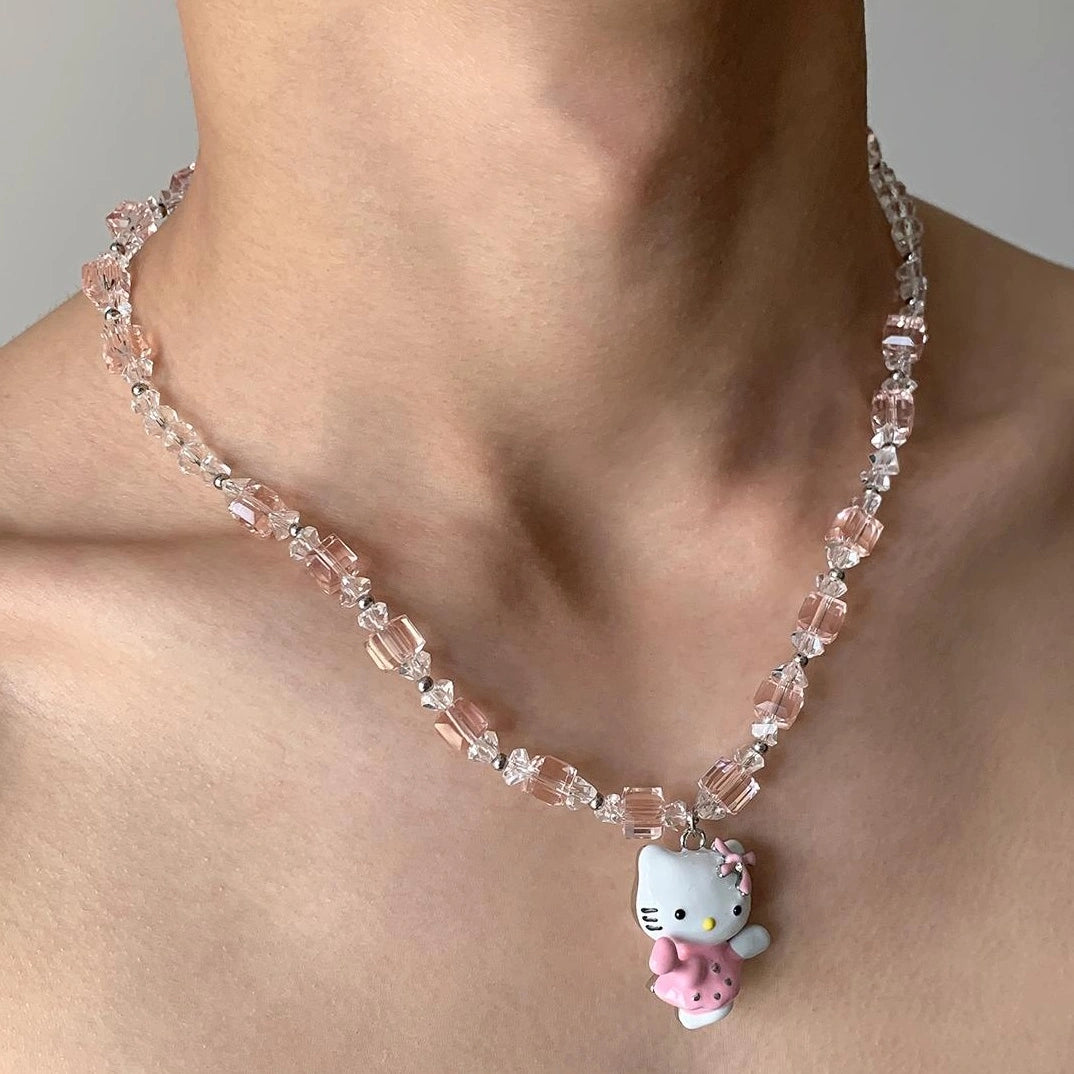 Accessories Pink Crystal Hello Kitty Beaded Pendant Necklace