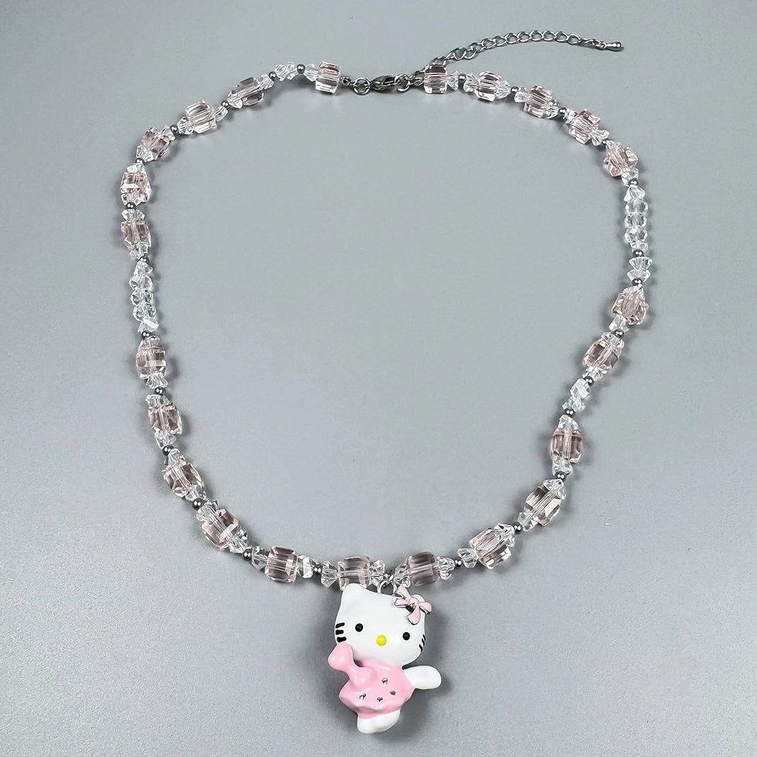Accessories Pink Crystal Hello Kitty Beaded Pendant Necklace