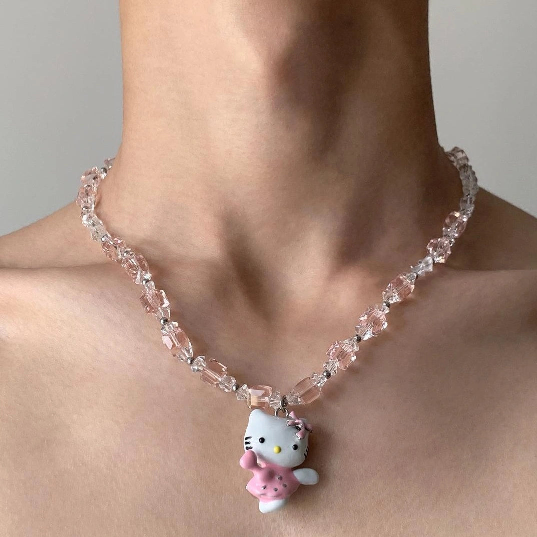 Accessories Pink Crystal Hello Kitty Beaded Pendant Necklace