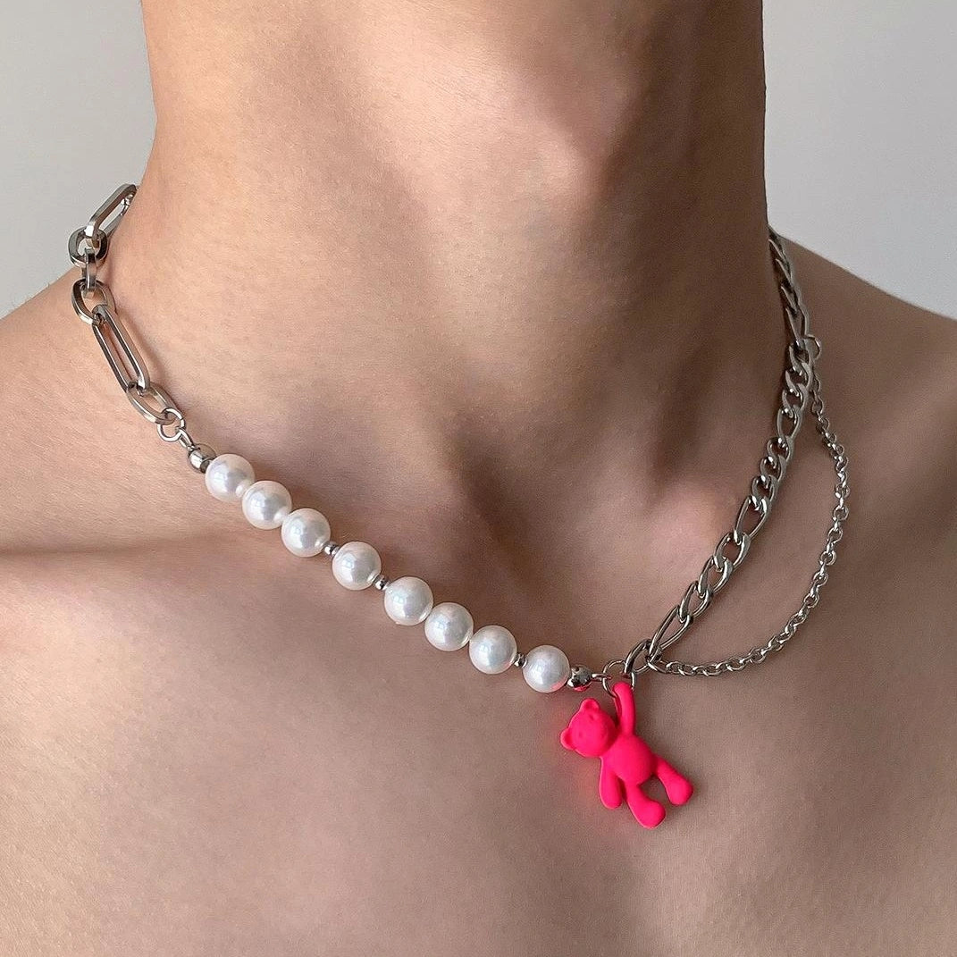 Accessories Pink Dopamine Bear Pearl Choker Necklace