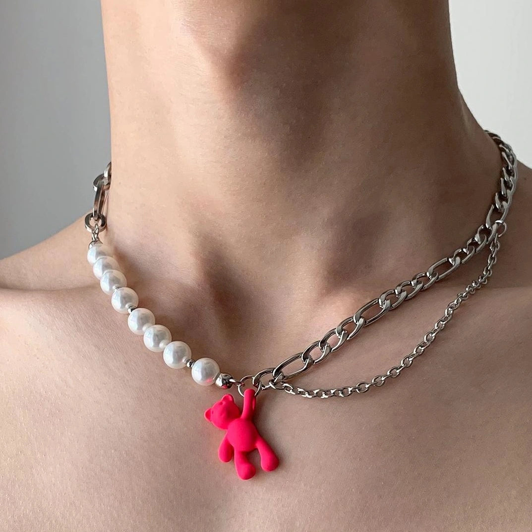 Accessories Pink Dopamine Bear Pearl Choker Necklace