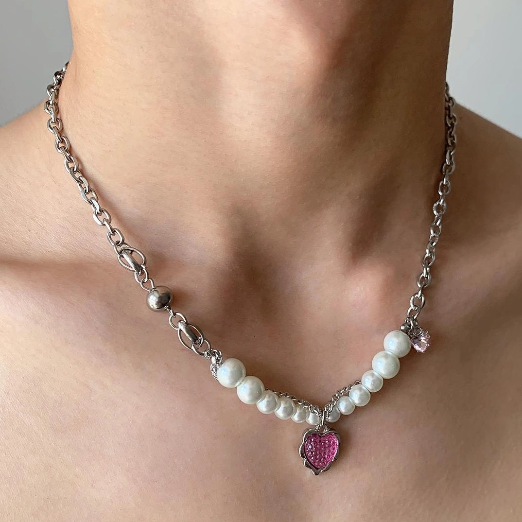 Accessories Pink Heart Pearl Pendant Necklace