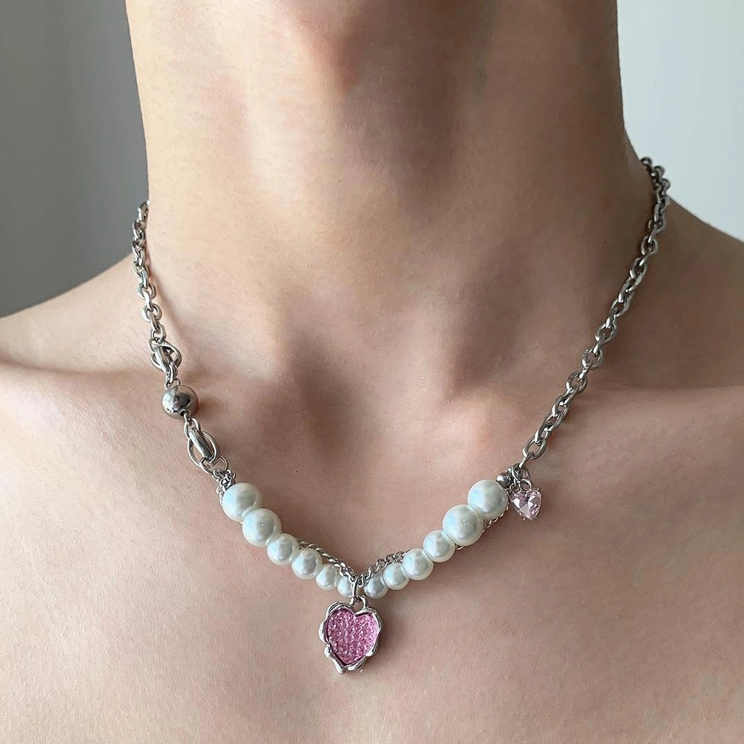 Accessories Pink Heart Pearl Pendant Necklace