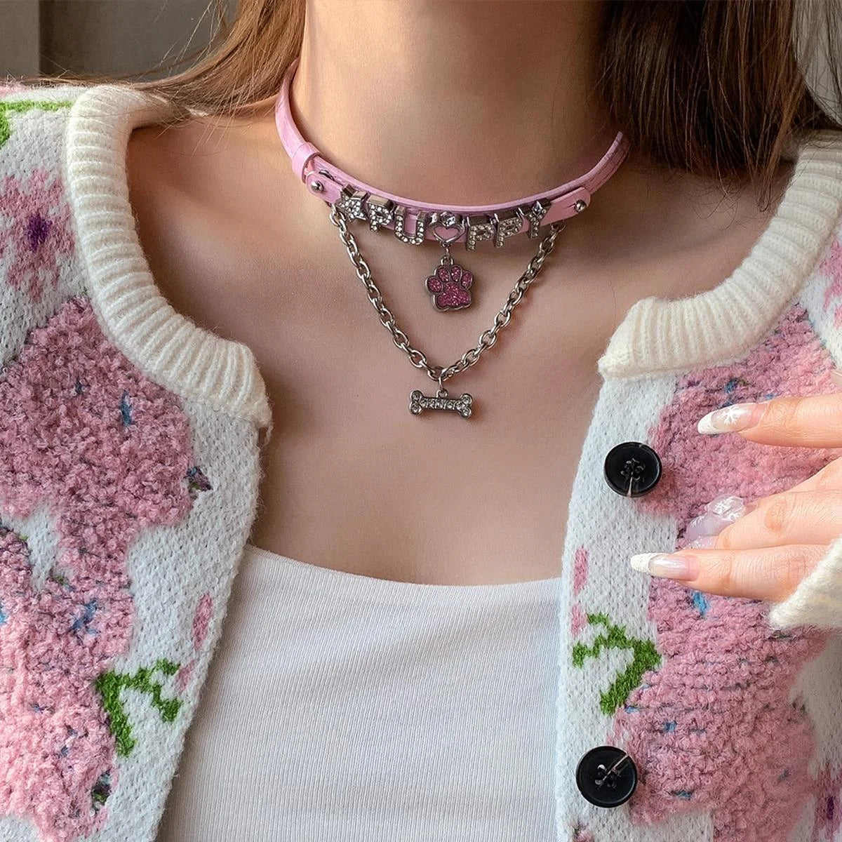 Accessories Pink Paw Print Bone Pendant Leather Choker