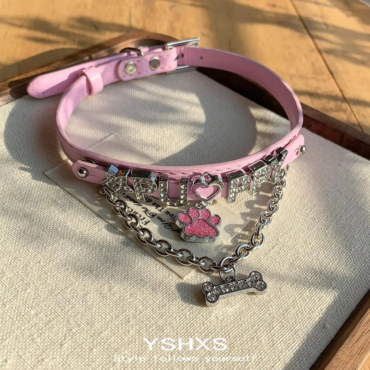Accessories Pink Paw Print Bone Pendant Leather Choker