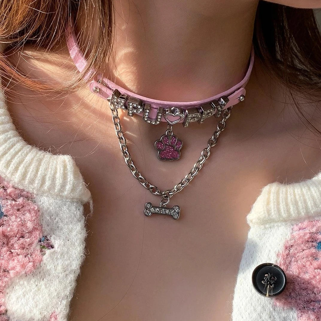 Accessories Pink Paw Print Bone Pendant Leather Choker