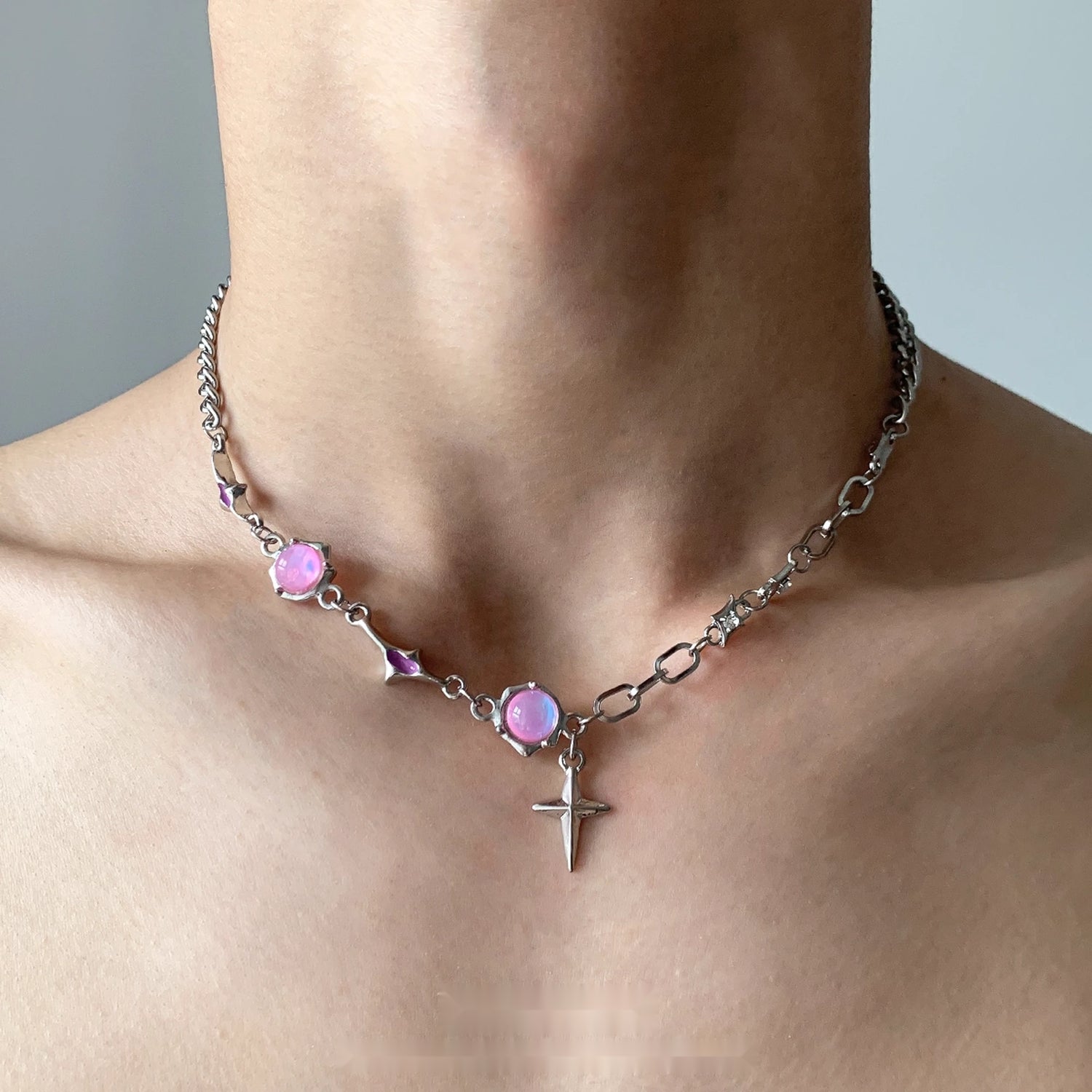 Accessories_Pink_Rhinestone_Four_Pointed_Star_Layered_Necklace_MISSTT
