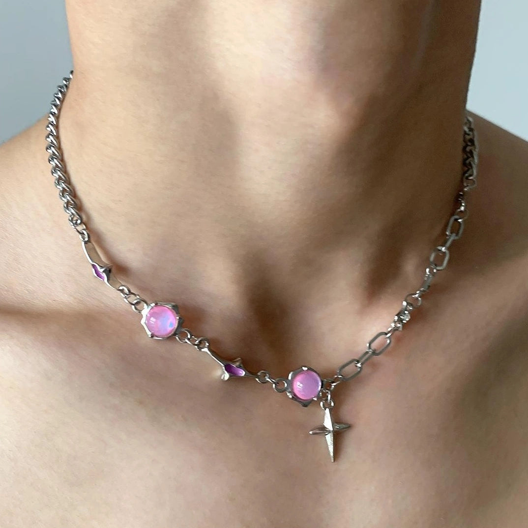Accessories Pink Rhinestone Four Pointed Star Layered Necklace