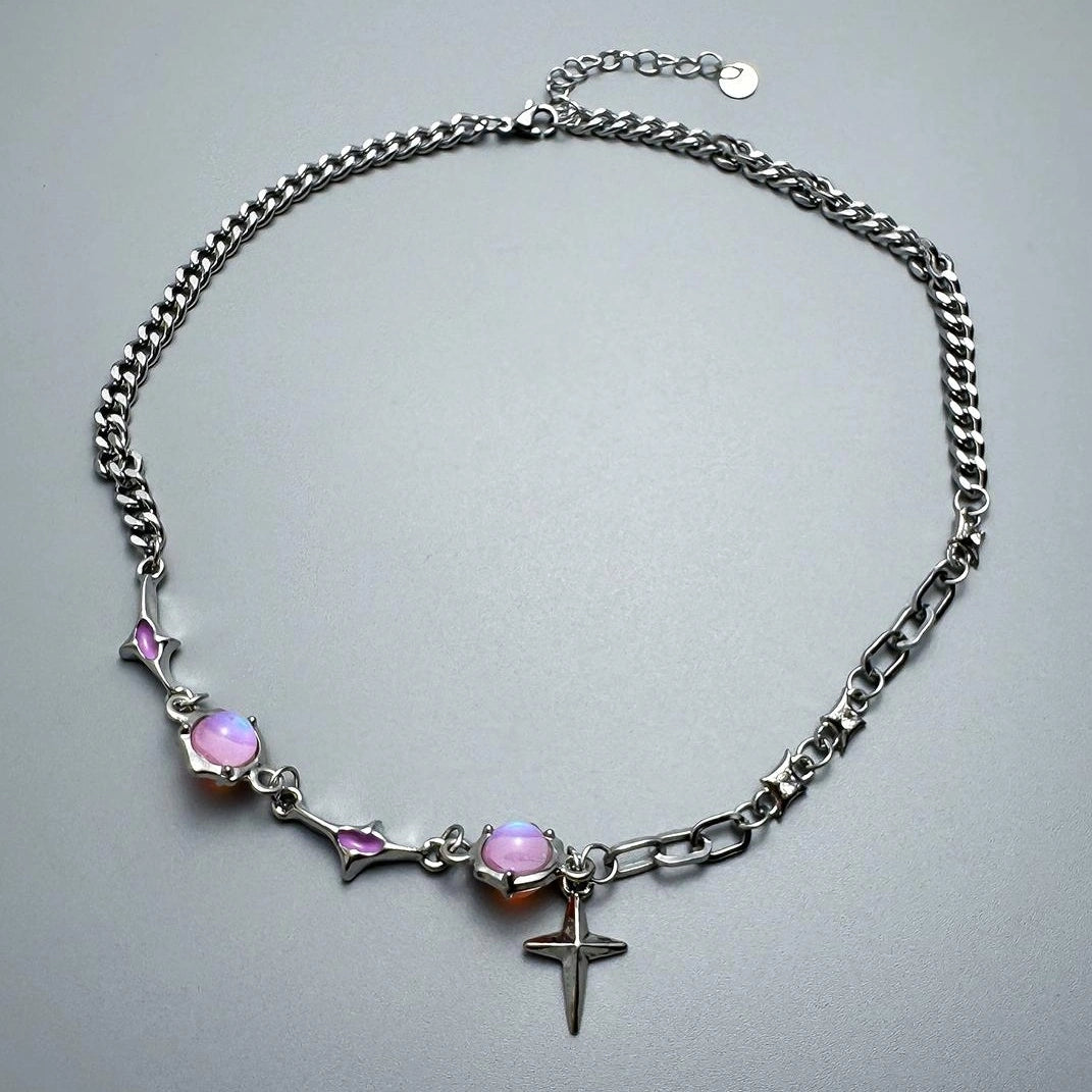 Accessories Pink Rhinestone Four Pointed Star Layered Necklace