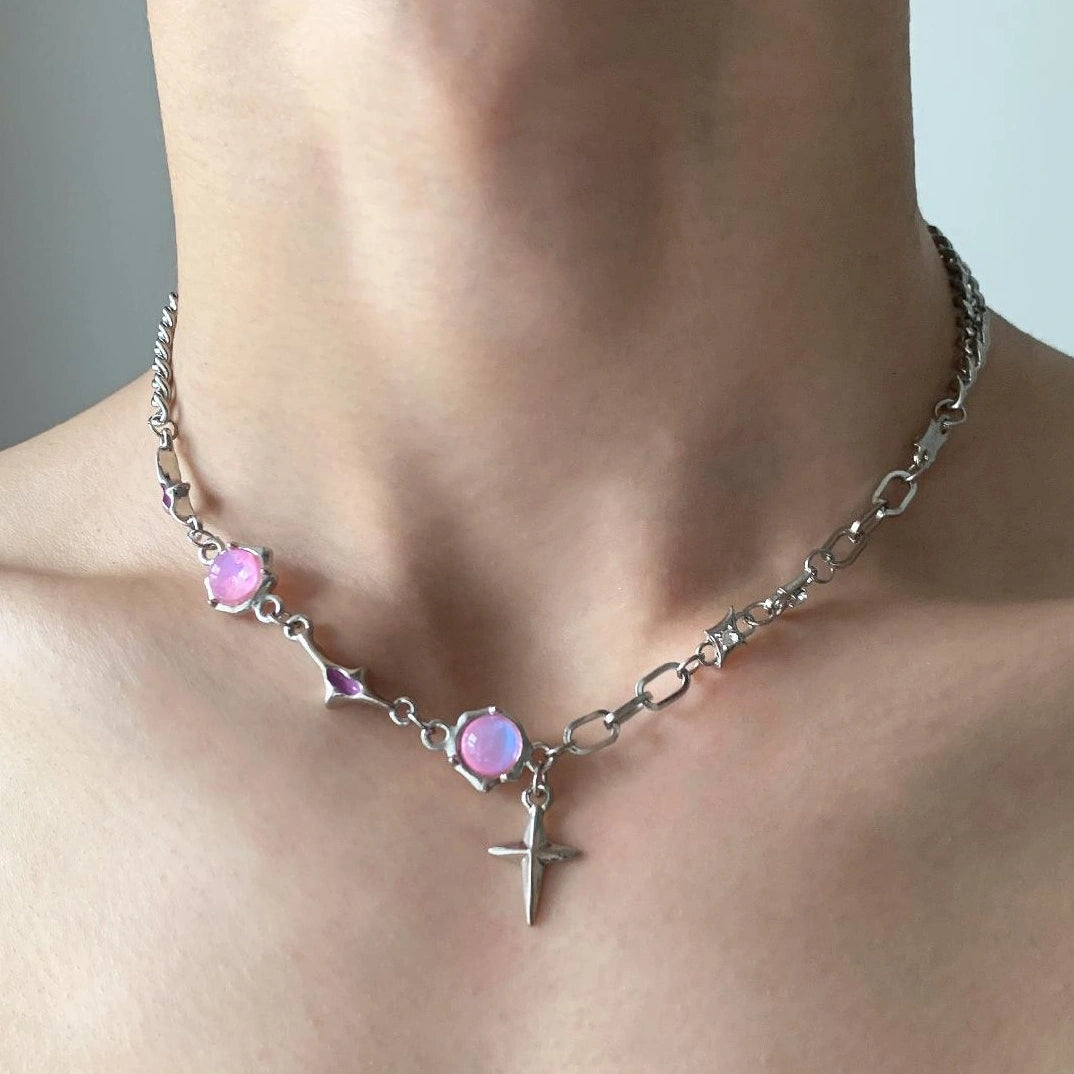 Accessories Pink Rhinestone Four Pointed Star Layered Necklace
