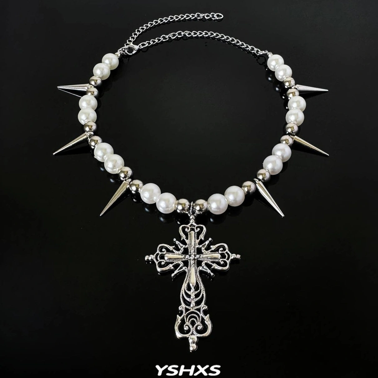 Accessories Punk Cross Pearl Rivet Choker Necklace