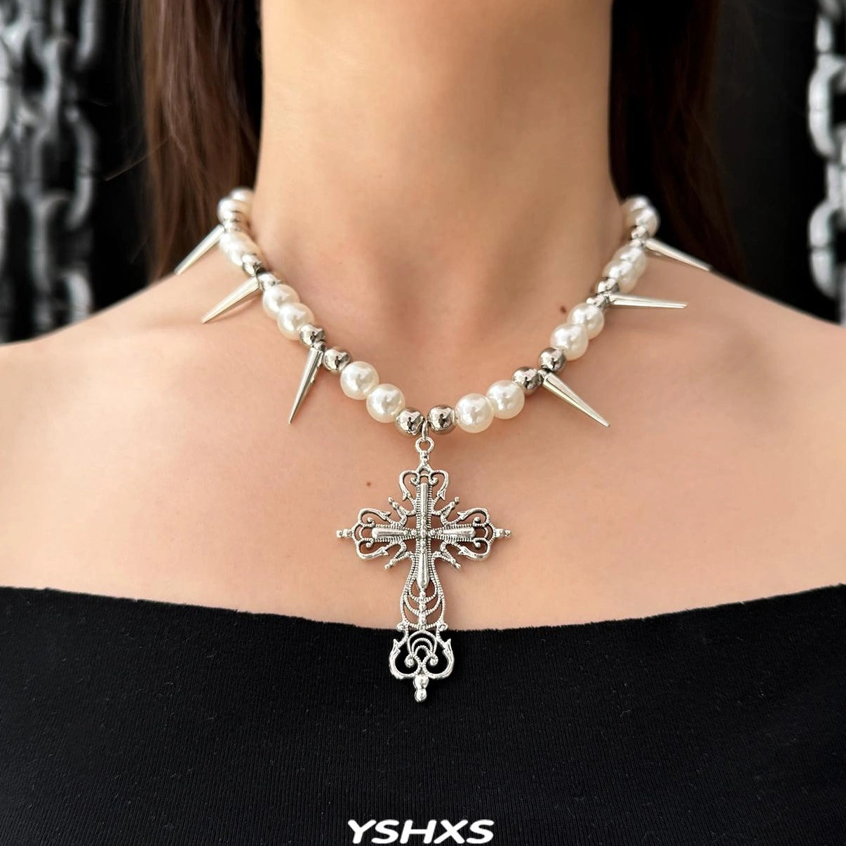 Accessories Punk Cross Pearl Rivet Choker Necklace