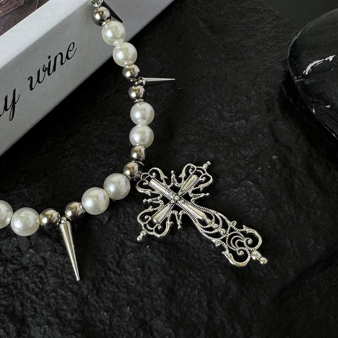 Accessories Punk Cross Pearl Rivet Choker Necklace