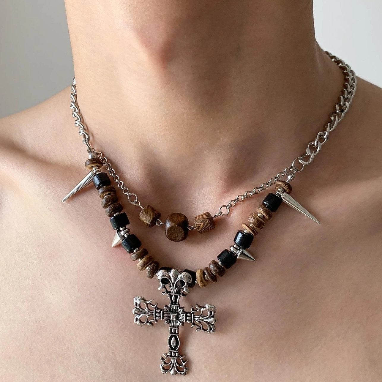 Accessories Punk Wood Bead Rivet Cross Pendant Necklace